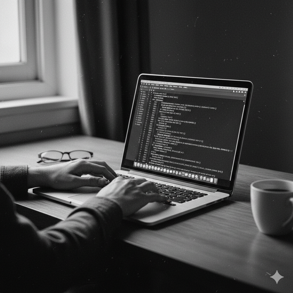 A person programming on a modern laptop.